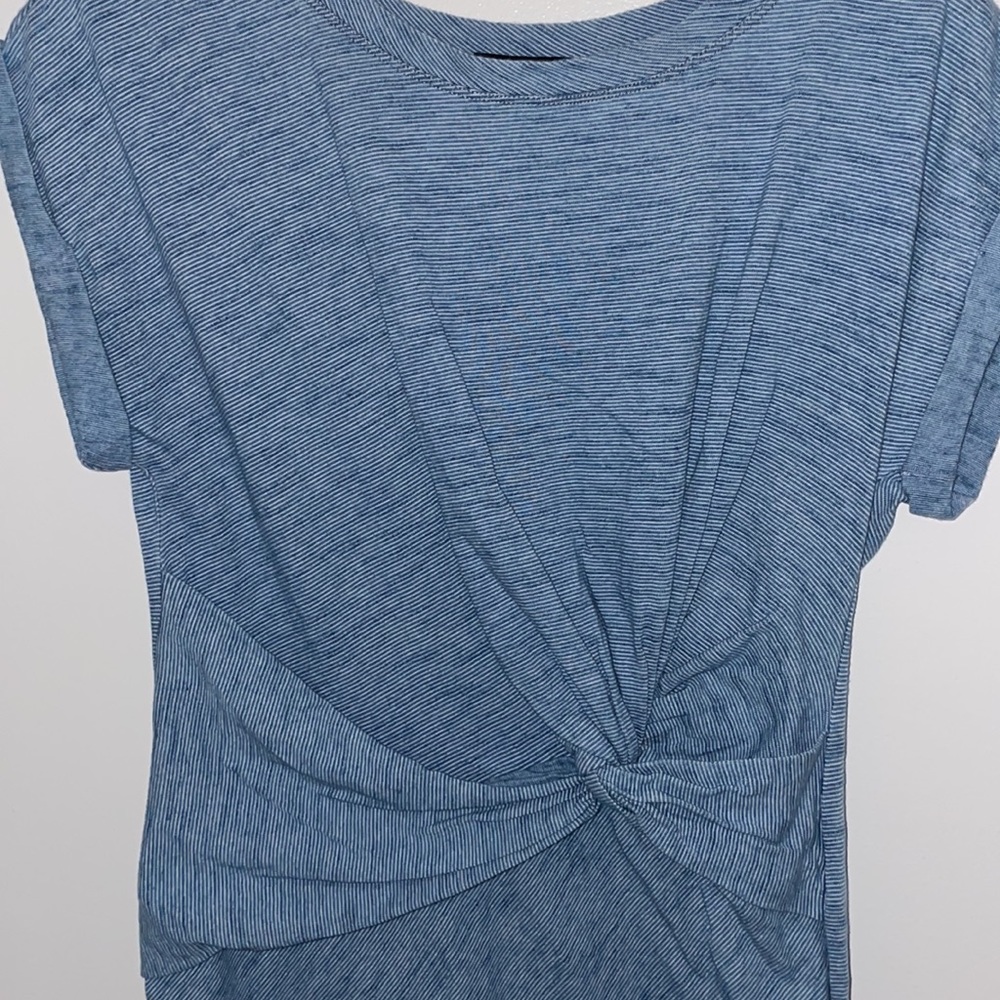 Jones New York cotton dress rolled short sleeves knit tie front blue and white